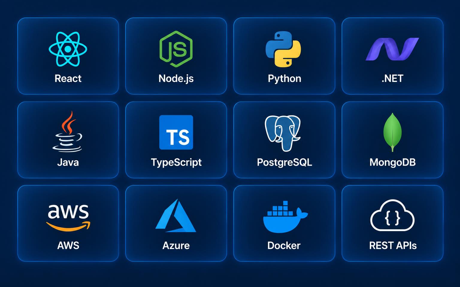 Grid of technologies azitez builds with, including React, Node.js, Python, .NET, Java, TypeScript, PostgreSQL, MongoDB, AWS, Azure, Docker and REST APIs